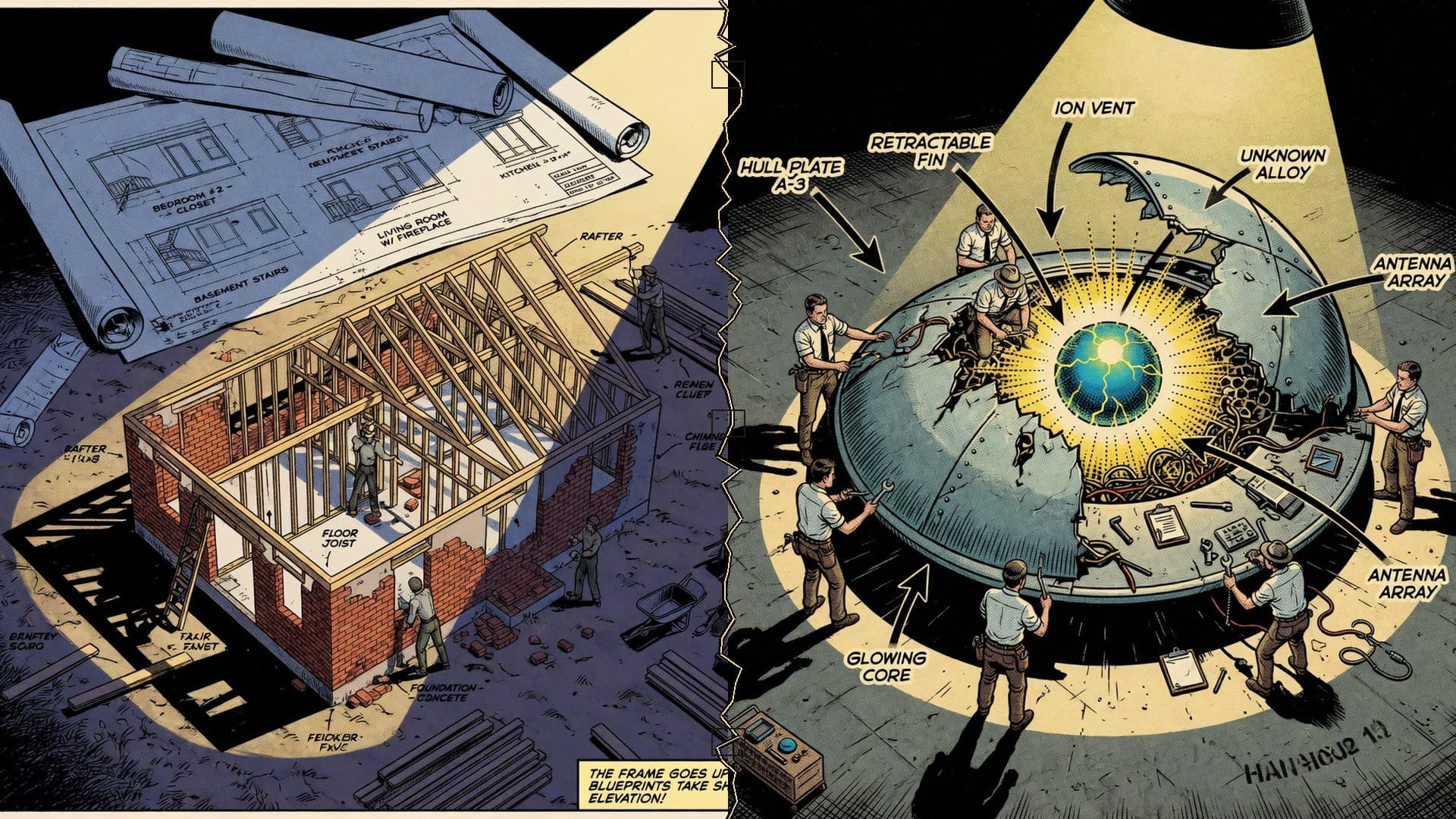 Golden Age comic collage: a house under construction beside a UFO being taken apart, split down the middle
