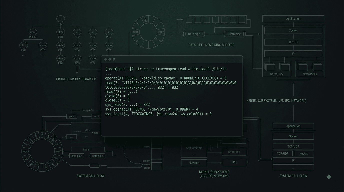 Dark elegant terminal window as layered glass plates of emulator, kernel, and shell