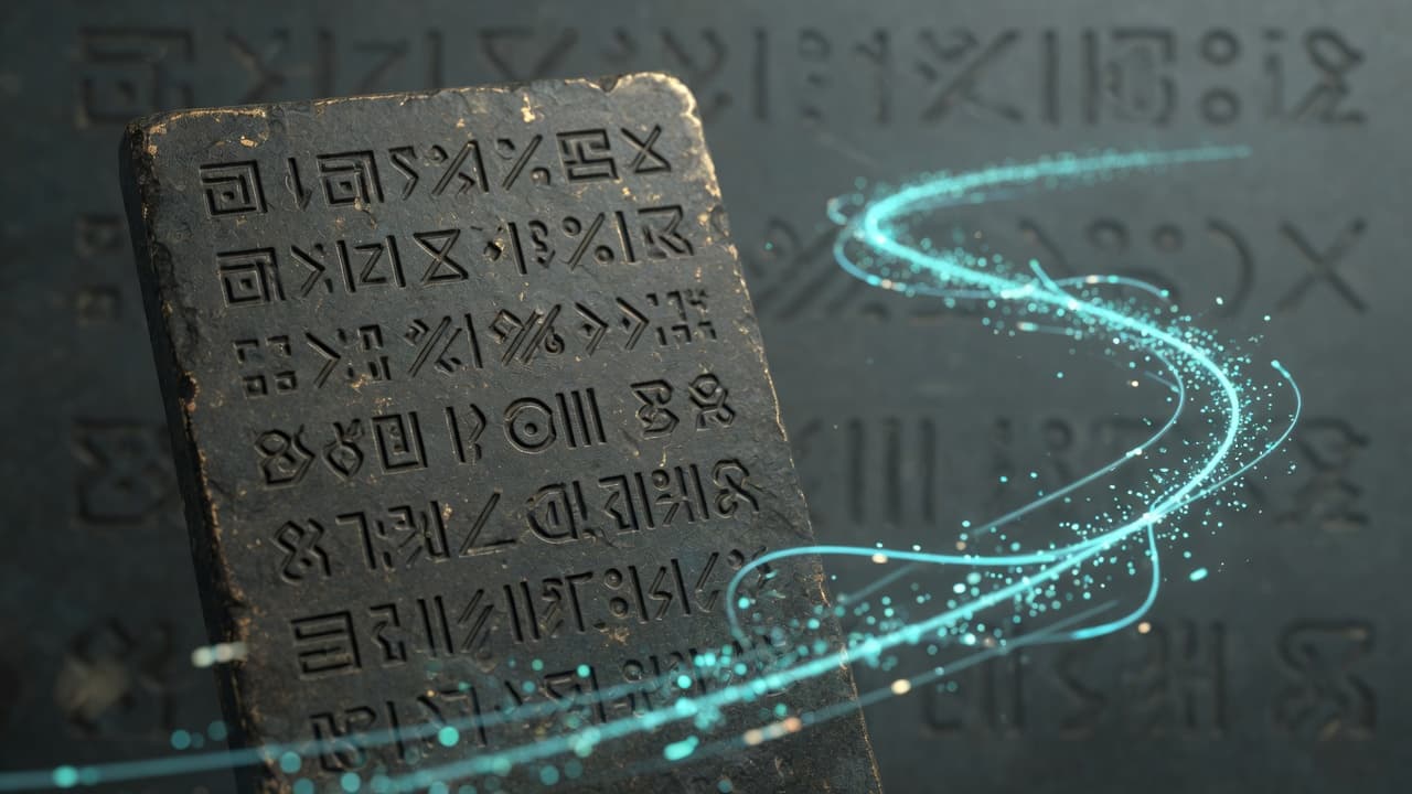 Carved tablet and glowing unit-file glyphs — fathoming systemd service definitions