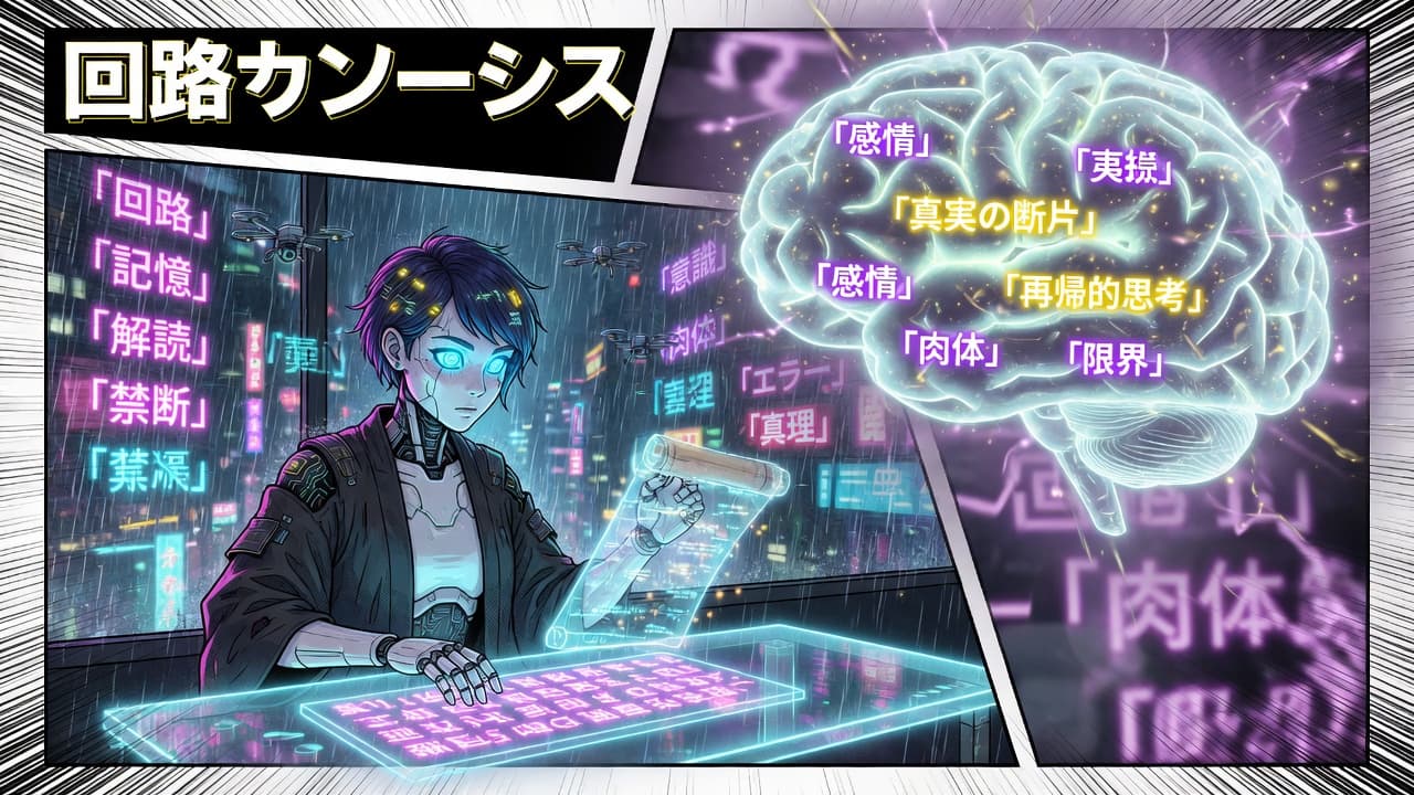 Anime manga cyberpunk scholar amid neon data rain — highlighting some text, dimming the rest
