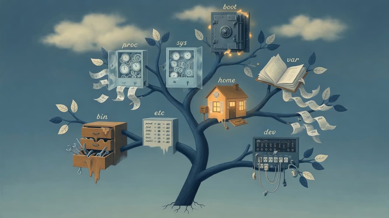 Surreal tree grown from slash — Linux root directory folders as a hierarchy of roles