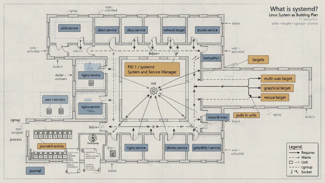 Bird's-eye technical plan — PID 1 systemd core, service units, targets, cgroups, journal