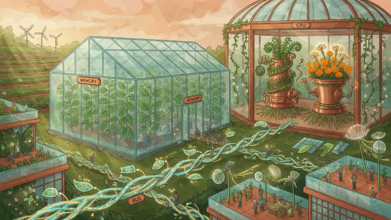 Solarpunk garden machine — shared memory greenhouse, CPU, living bus, and I/O terraces