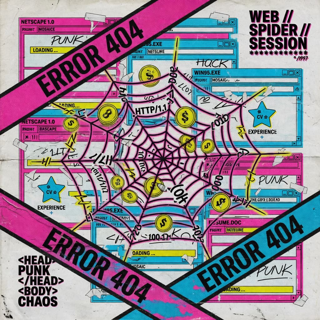 Pop art Swiss punk web of HTML wires snatching data — web scraping as leverage