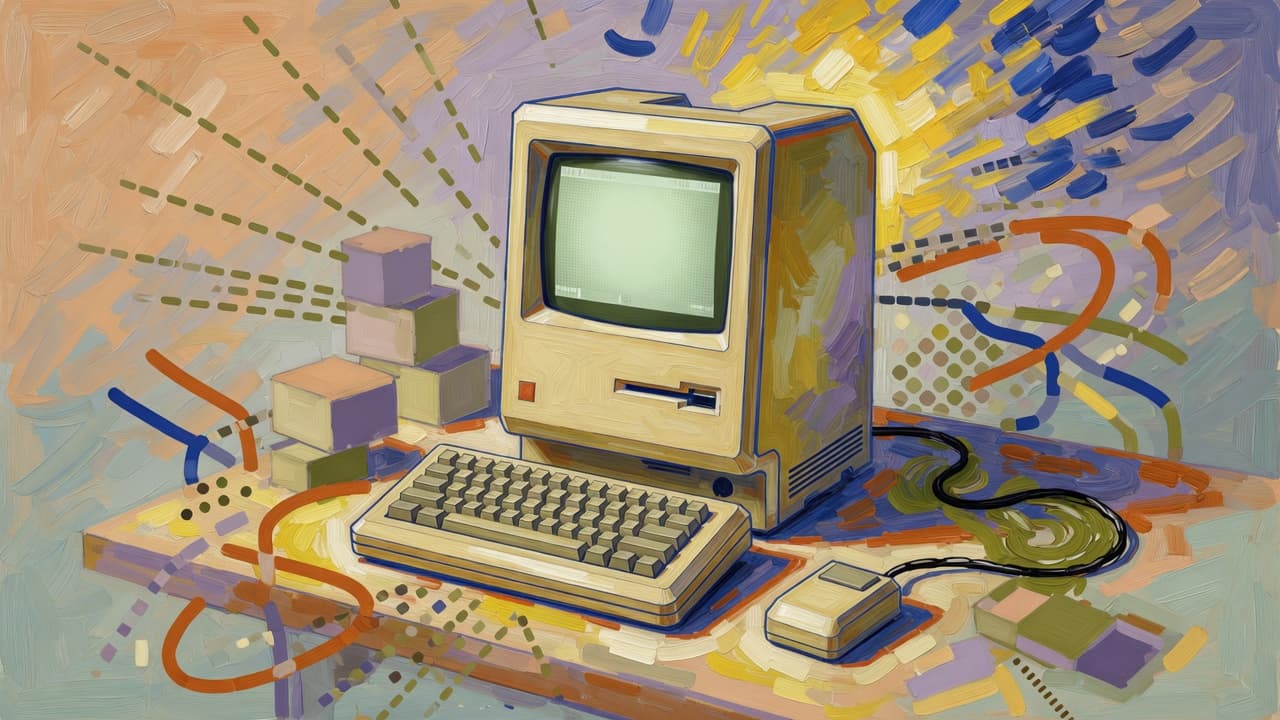 Post-impressionist classic Macintosh at center — a painted computer as machine