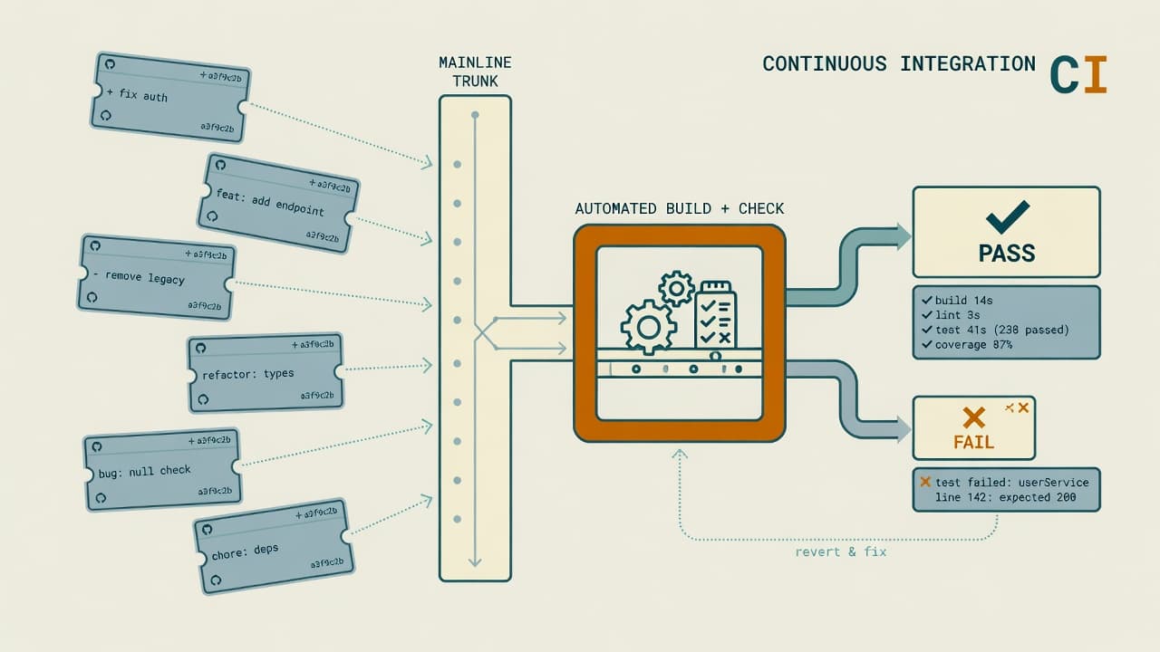 Shared integration path — many changes merge into one automatic build-and-check trunk
