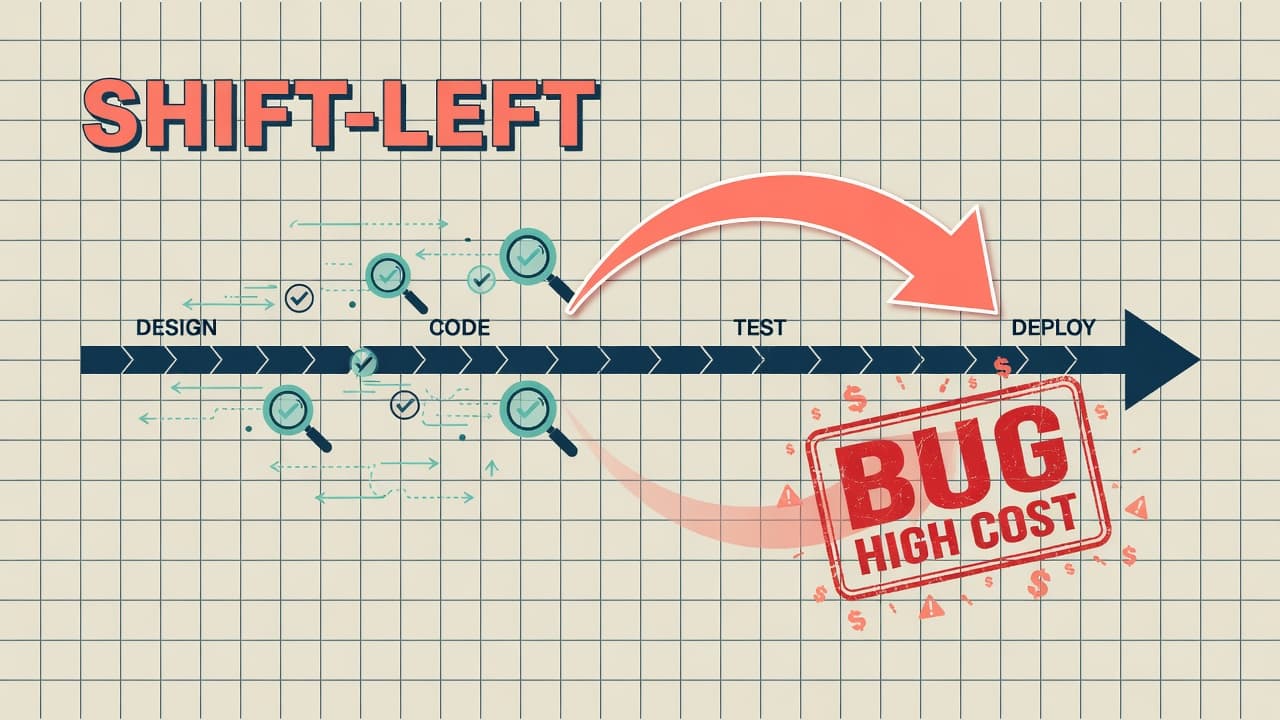 Timeline with checks moving left — earlier feedback costs less than late discovery