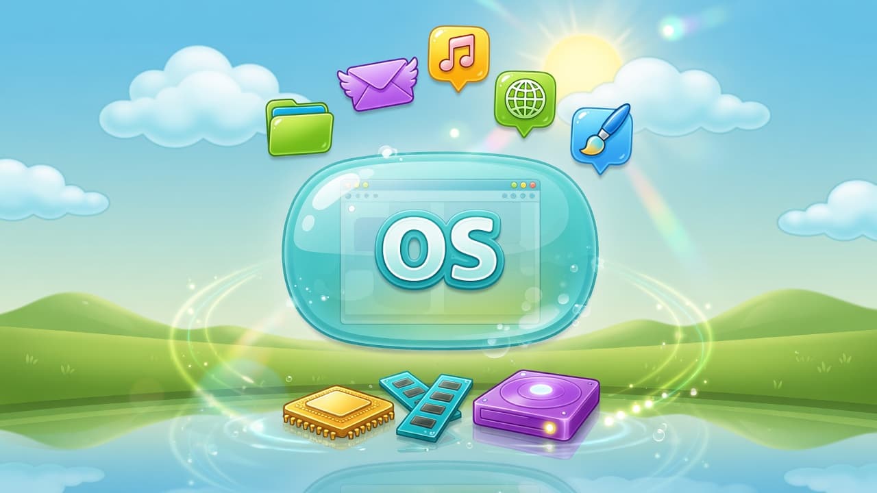 Frutiger Aero glass OS layer mediating apps above and hardware below