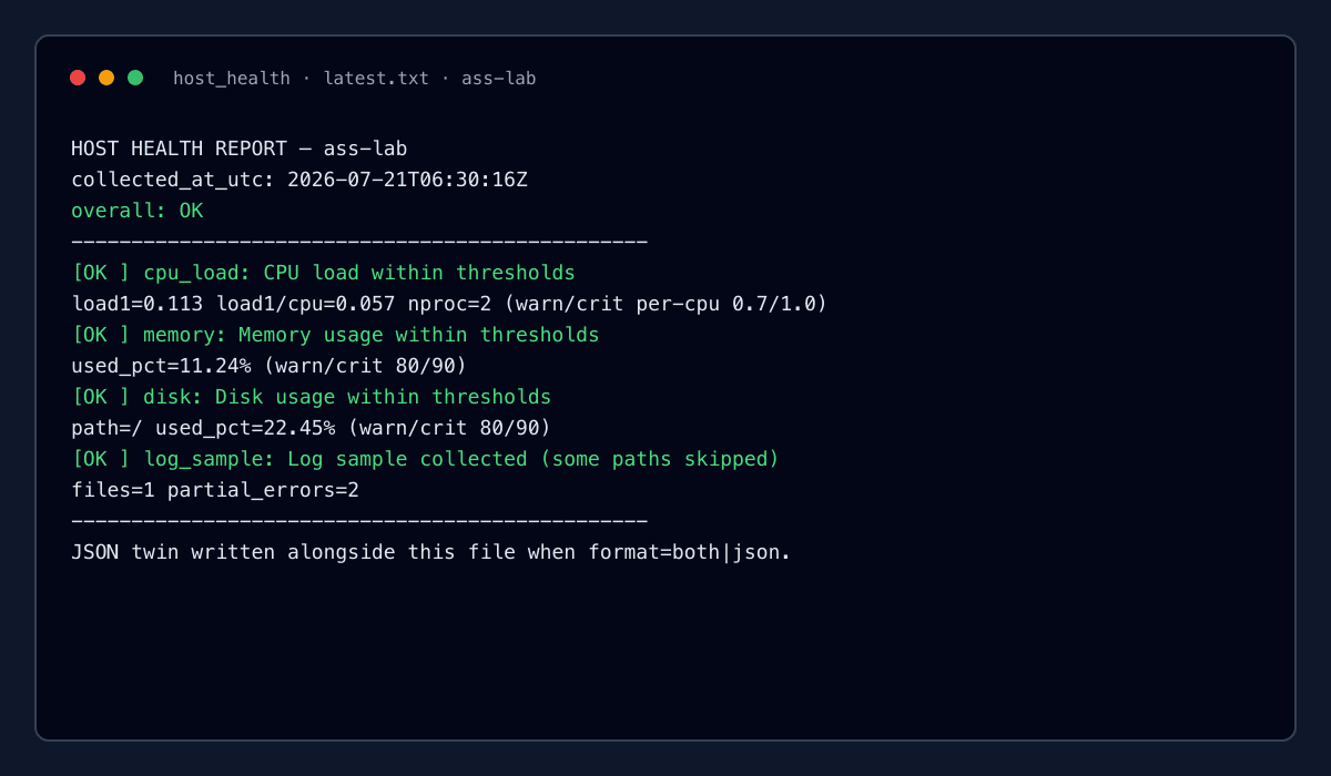 Terminal-style capture of latest host health text report overall OK